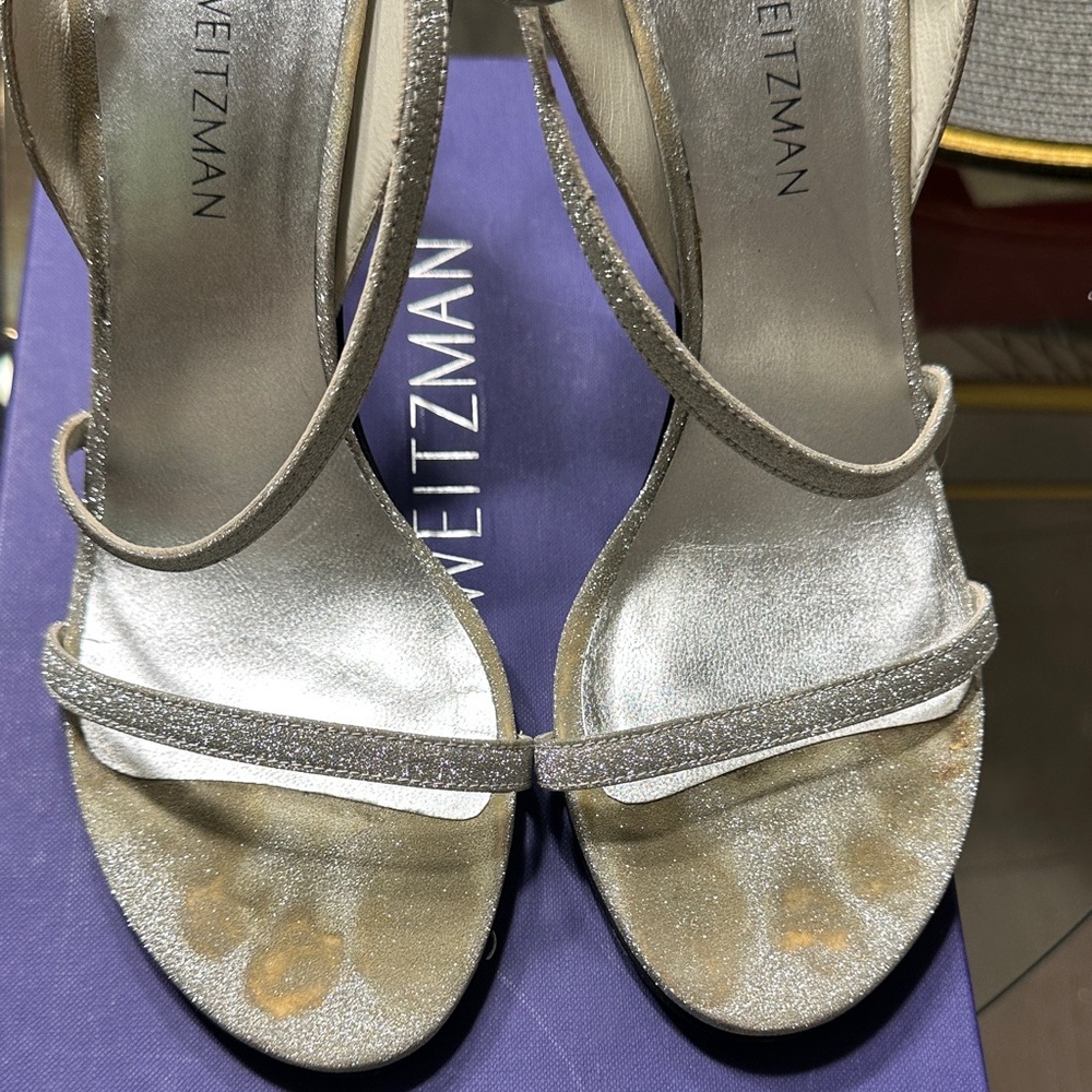 Stuart Weitzman Silver Glitter Open-Strap Slingba… - image 6